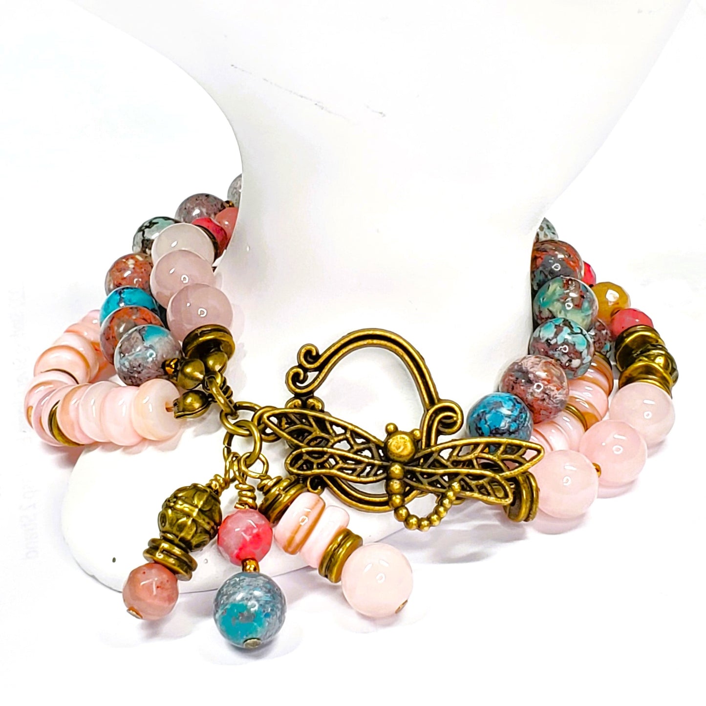 Three Strand Gemstone Bracelet – Rose Quartz, Rhodonite & Nevada Turquoise – Boho Layered Beaded Bracelet