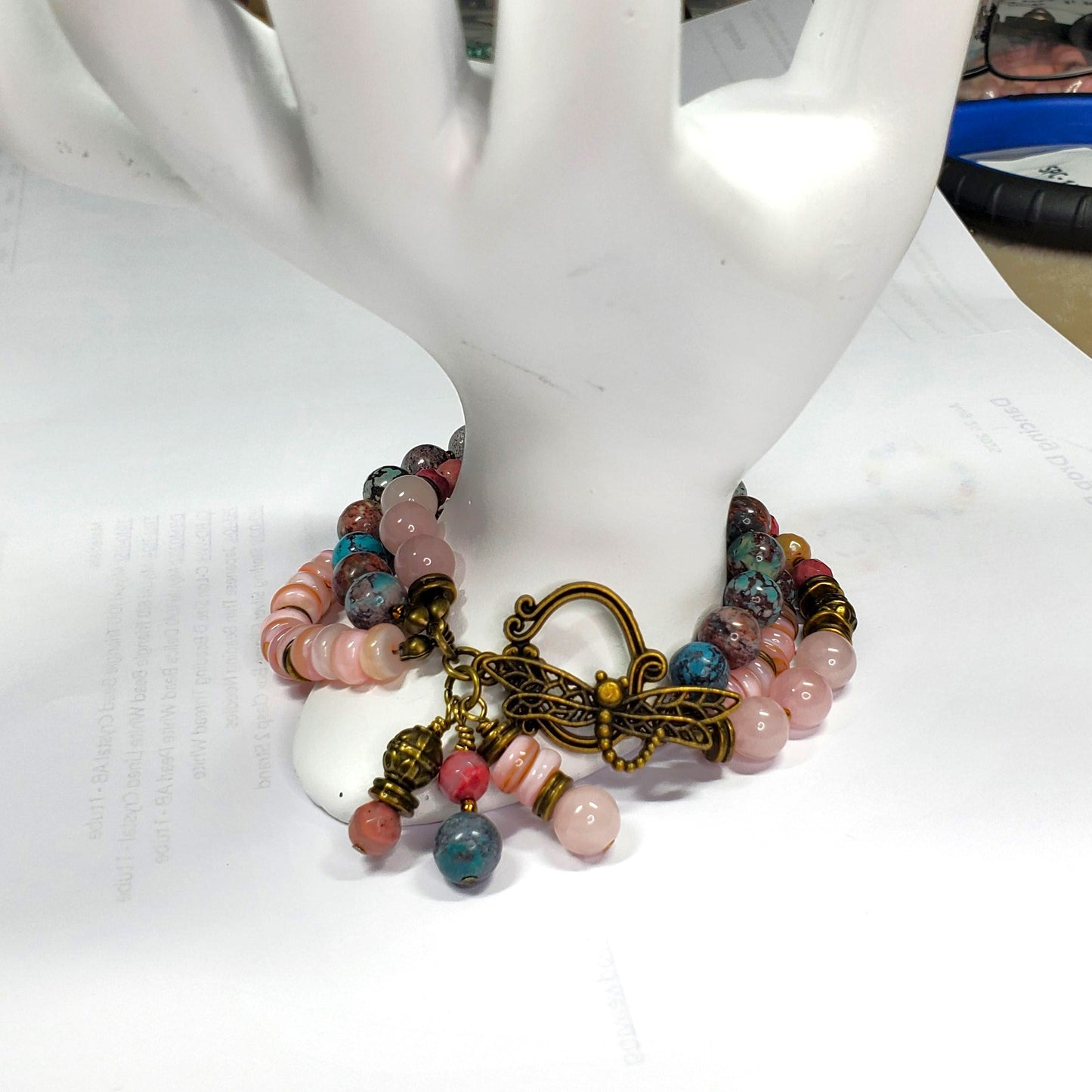 Three Strand Gemstone Bracelet – Rose Quartz, Rhodonite & Nevada Turquoise – Boho Layered Beaded Bracelet