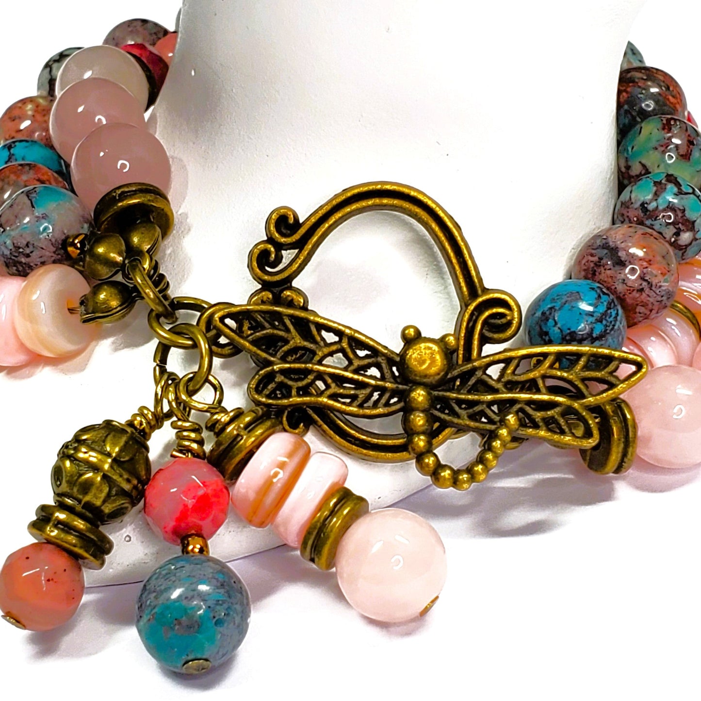 Three Strand Gemstone Bracelet – Rose Quartz, Rhodonite & Nevada Turquoise – Boho Layered Beaded Bracelet