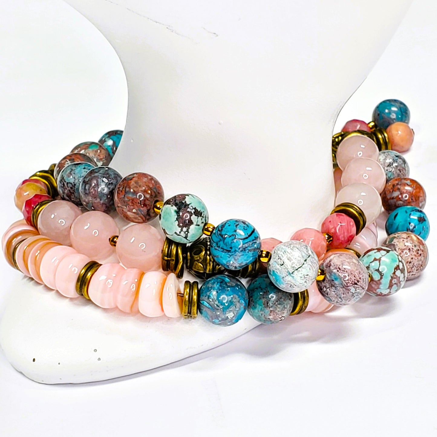 Three Strand Gemstone Bracelet – Rose Quartz, Rhodonite & Nevada Turquoise – Boho Layered Beaded Bracelet