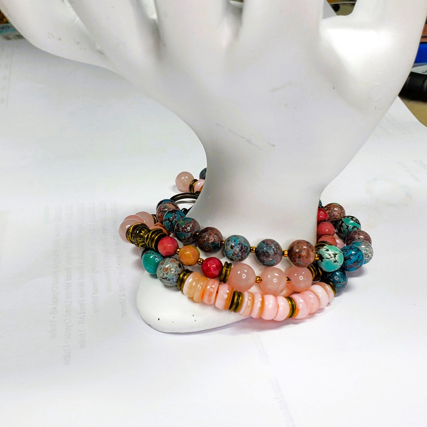 Three Strand Gemstone Bracelet – Rose Quartz, Rhodonite & Nevada Turquoise – Boho Layered Beaded Bracelet