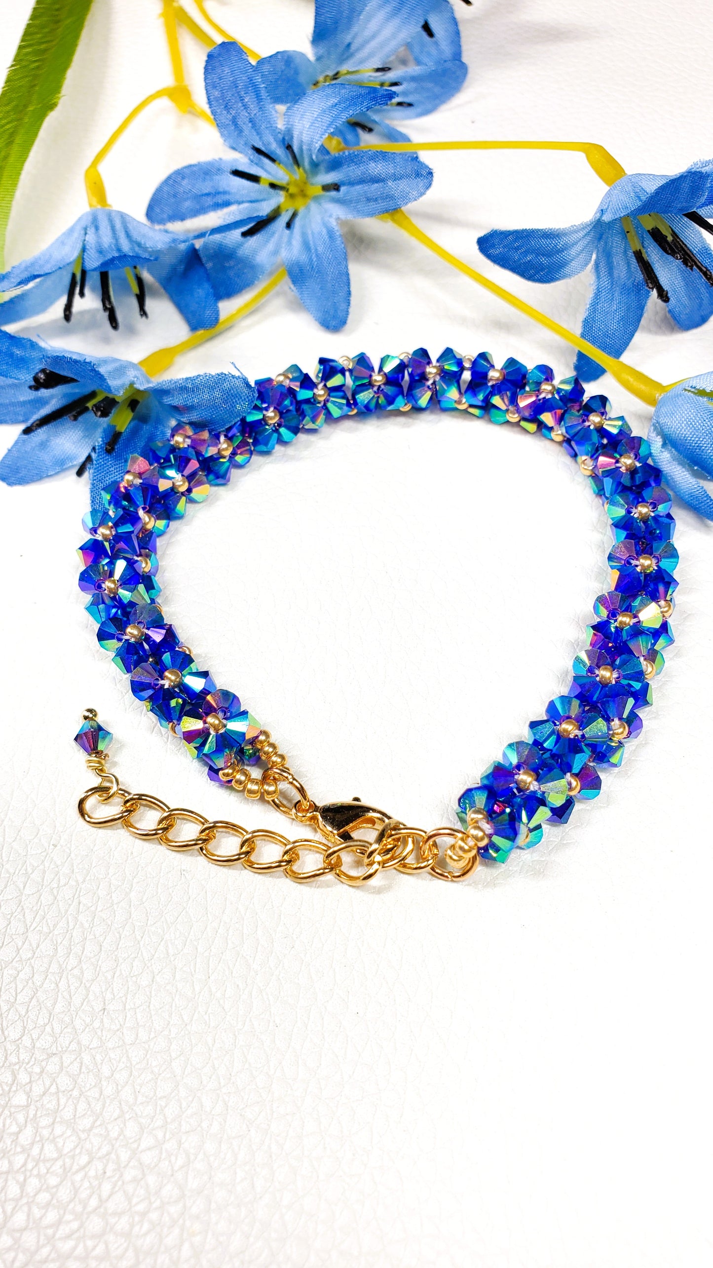 Handcrafted Blue AB Crystal Bicone Adjustable Bracelet