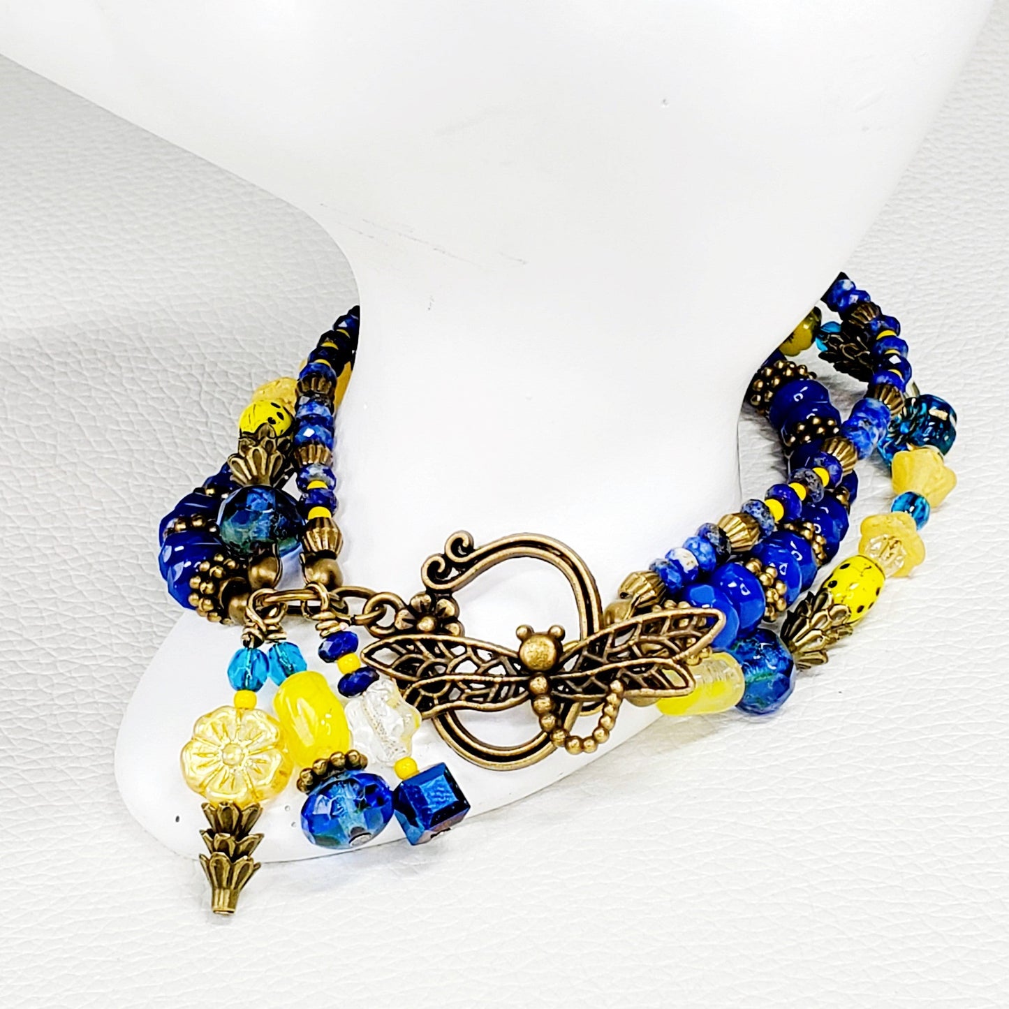 Blue & Yellow Floral Beaded Bracelet – Boho Wrap Bracelet with Butterfly Clasp, Handmade Artisan Jewelry