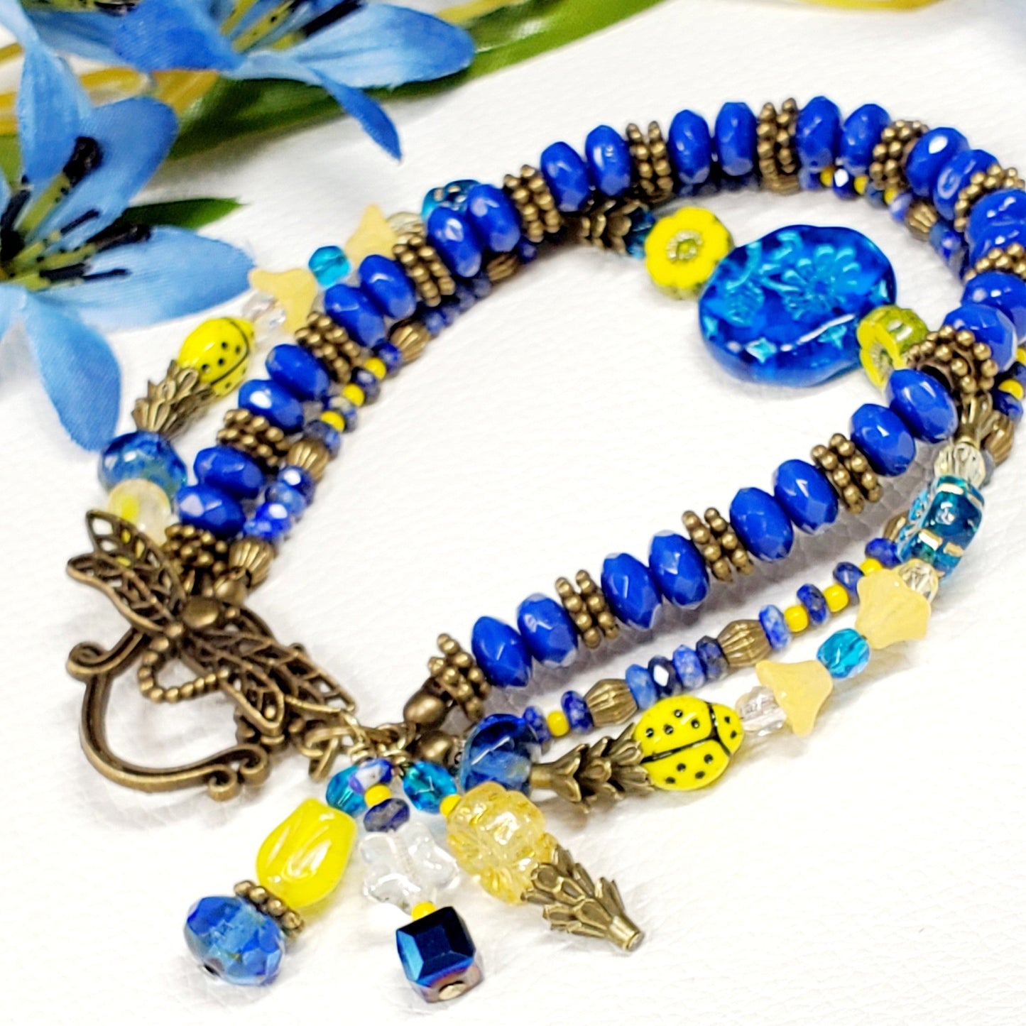Blue & Yellow Floral Beaded Bracelet – Boho Wrap Bracelet with Butterfly Clasp, Handmade Artisan Jewelry