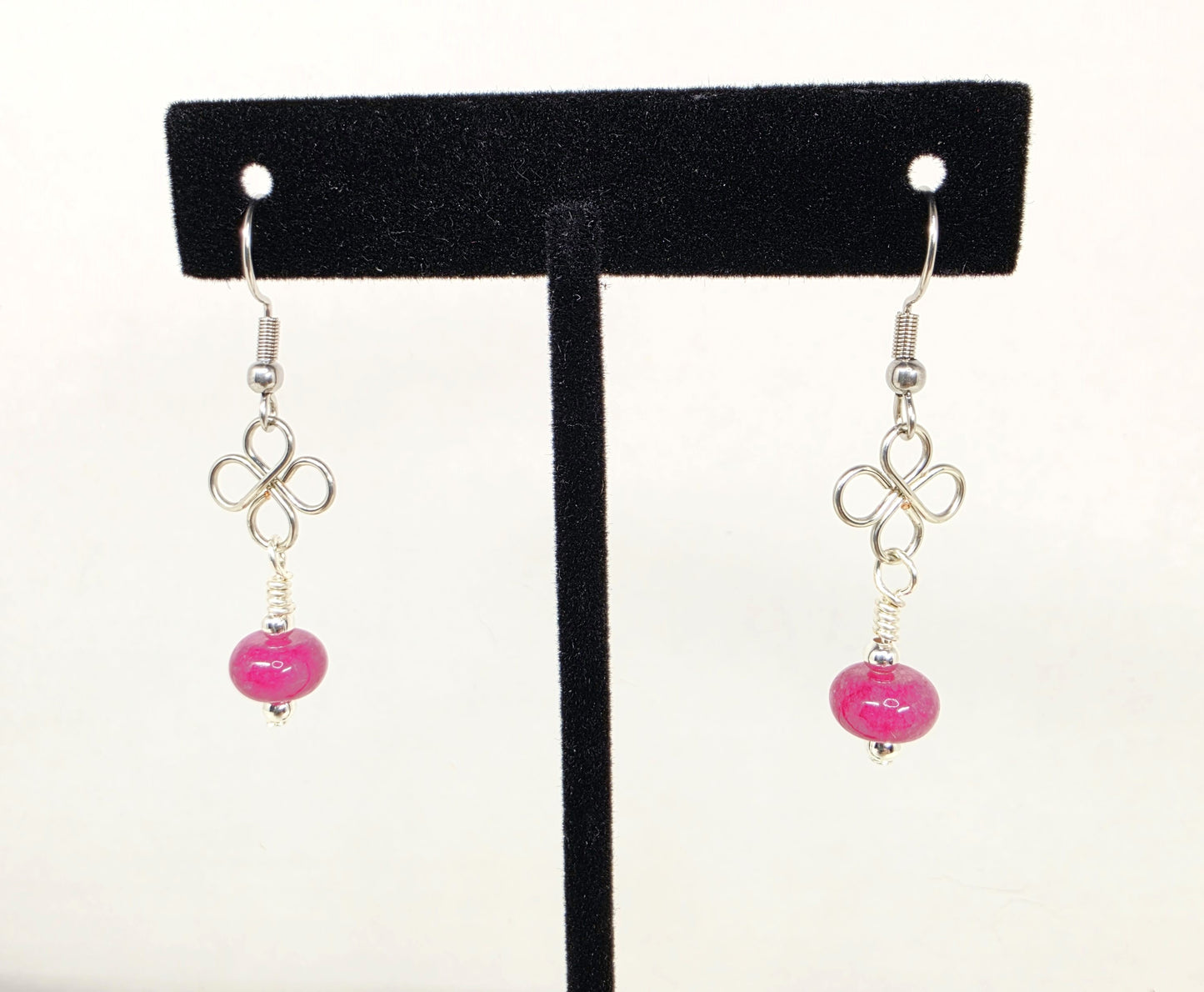 Lucky Clover and Pink Jade Dangle Earrings