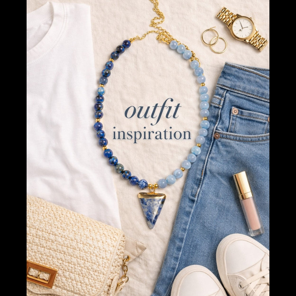 Sodalite and Agate Necklace Blue & Gold Gemstone Necklace with Agate, Sodalite, along with a Sodalite and Brass Pendant