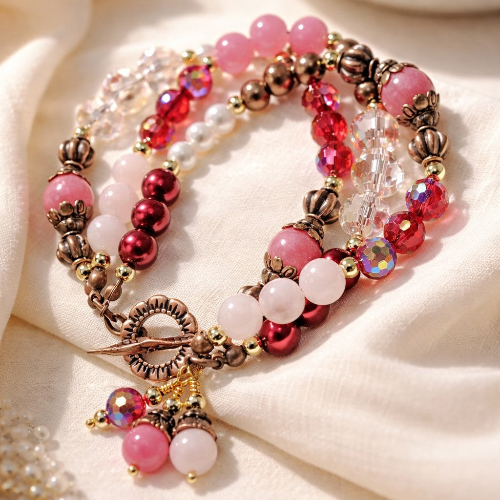 Rose Quartz & Agate Triple Layer Wire-Wrapped Toggle Bracelet