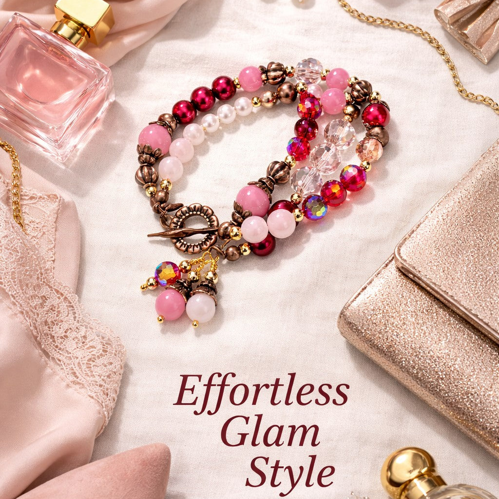 Rose Quartz & Agate Triple Layer Wire-Wrapped Toggle Bracelet