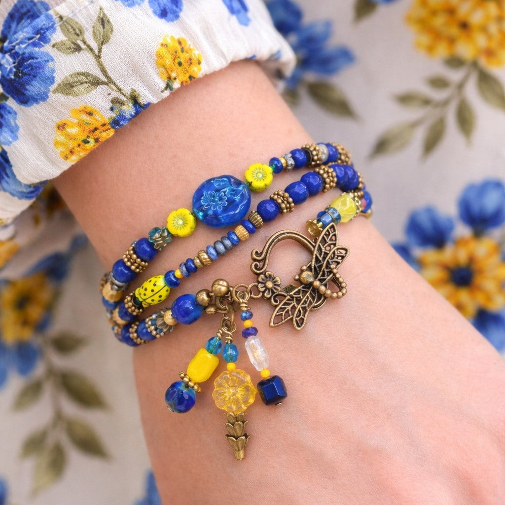Blue & Yellow Floral Beaded Bracelet – Boho Wrap Bracelet with Butterfly Clasp, Handmade Artisan Jewelry