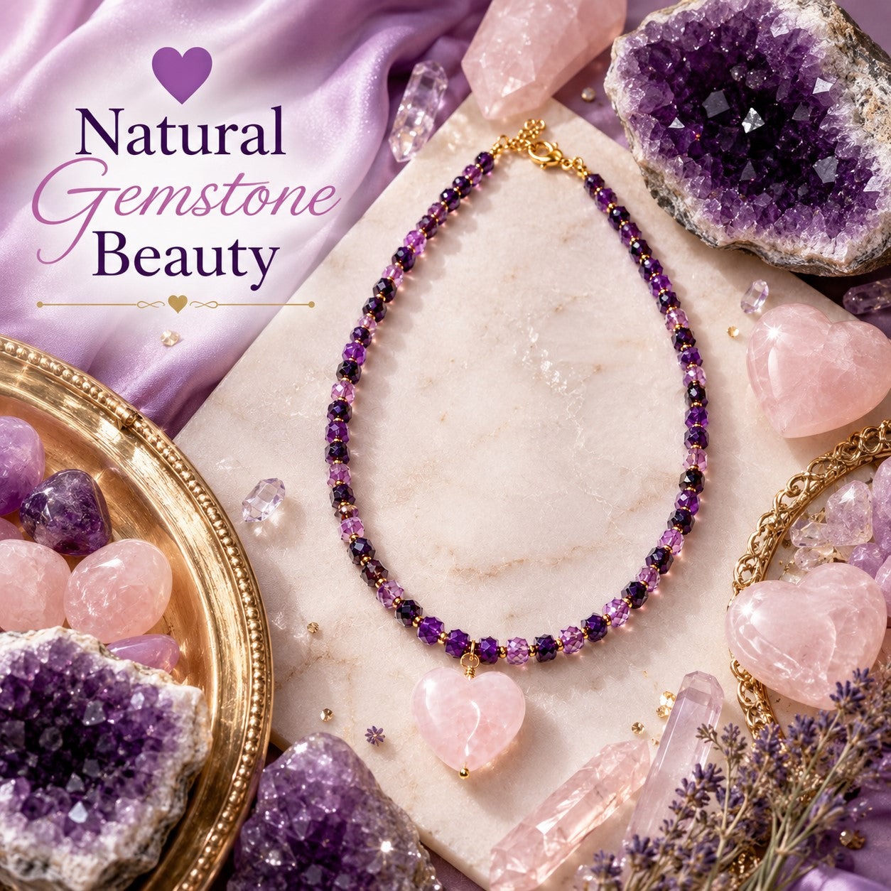 Amethyst & Rose Quartz Heart Necklace