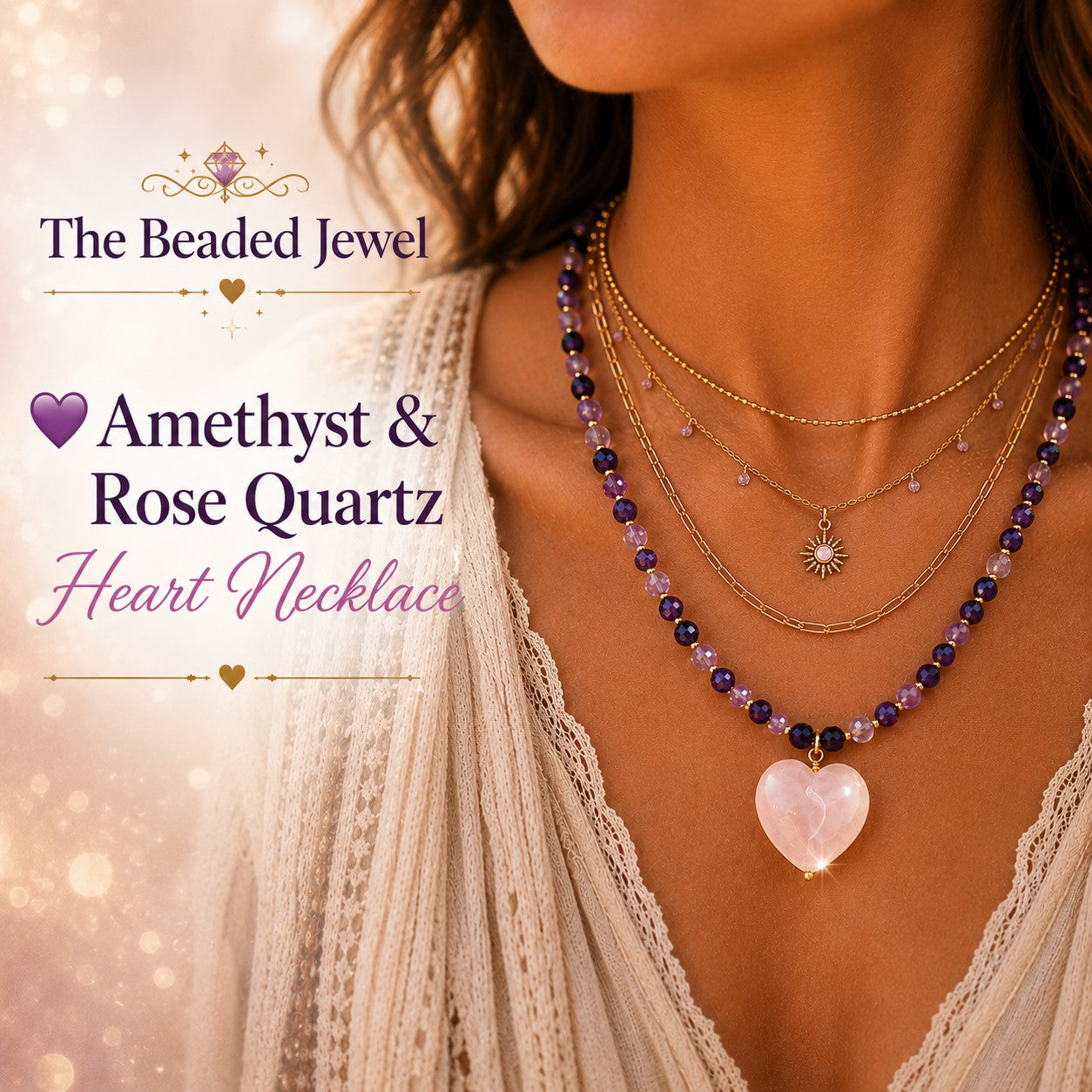 Amethyst & Rose Quartz Heart Necklace