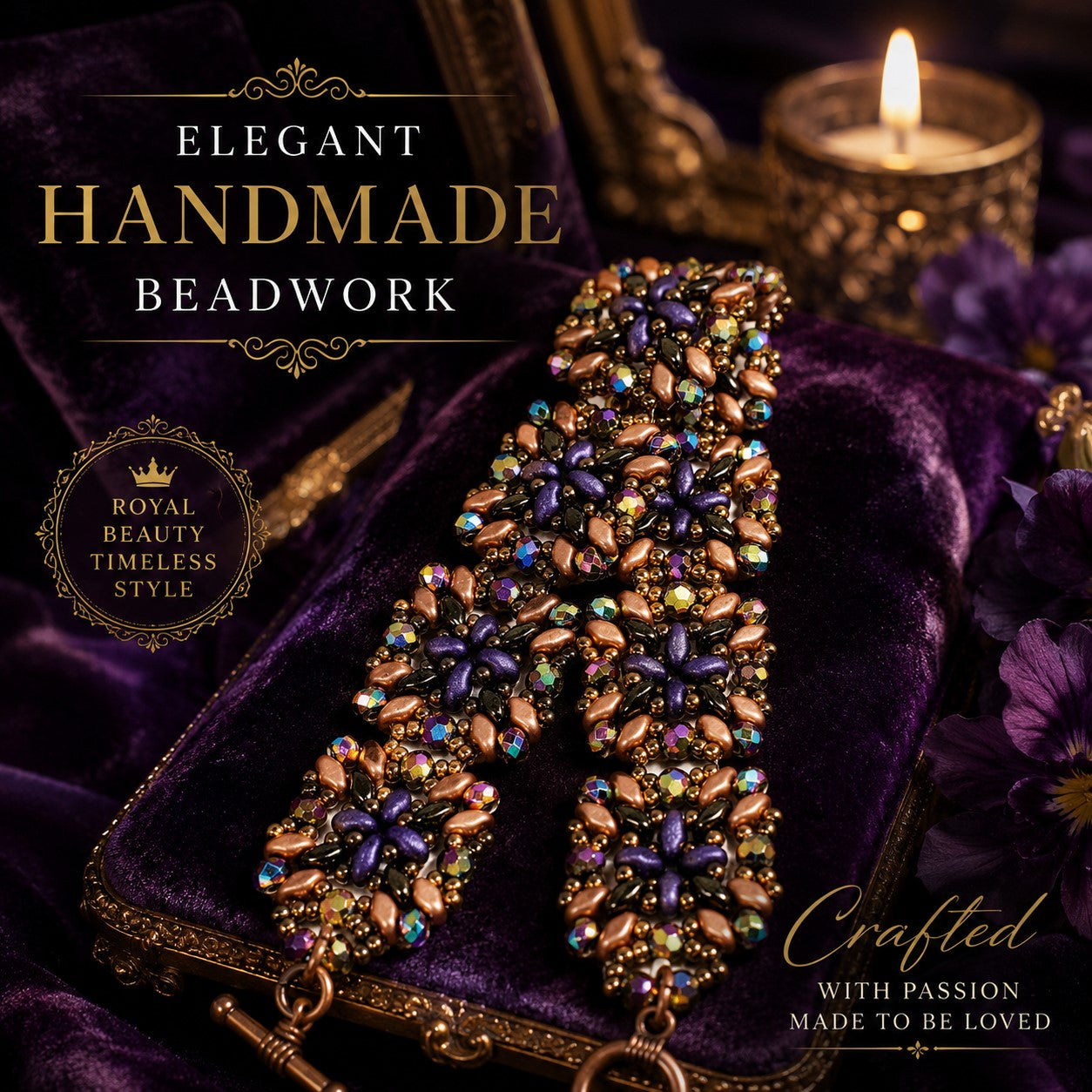 Handwoven Seed Bead Jewelry – Purple Bronze Boho Bracelet