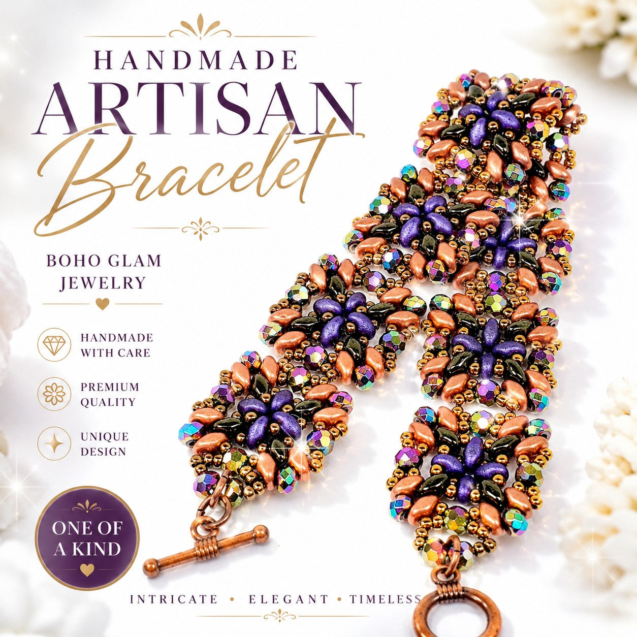 Handwoven Seed Bead Jewelry – Purple Bronze Boho Bracelet