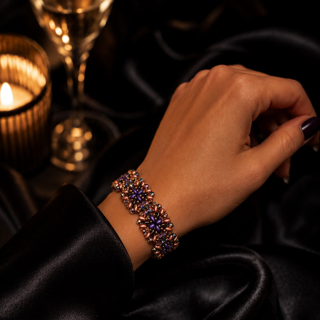 Handwoven Seed Bead Jewelry – Purple Bronze Boho Bracelet