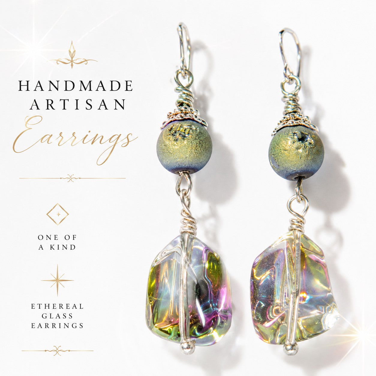 Iridescent Glass Drop Earrings | Handmade Artisan Dangle Earrings | Mermaidcore Jewelry | Ethereal Boho Earrings | Unique Gift for Her
