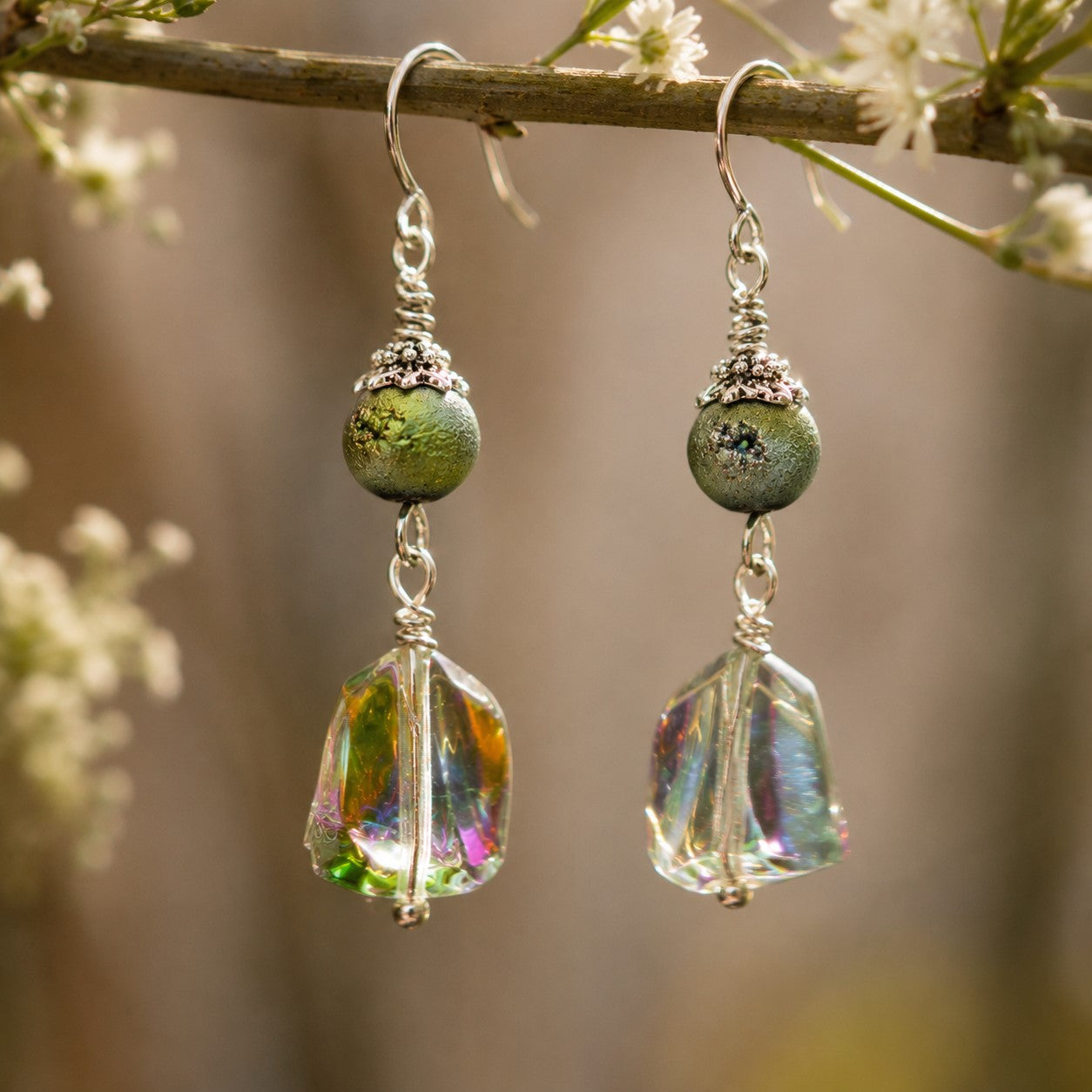 Iridescent Glass Drop Earrings | Handmade Artisan Dangle Earrings | Mermaidcore Jewelry | Ethereal Boho Earrings | Unique Gift for Her
