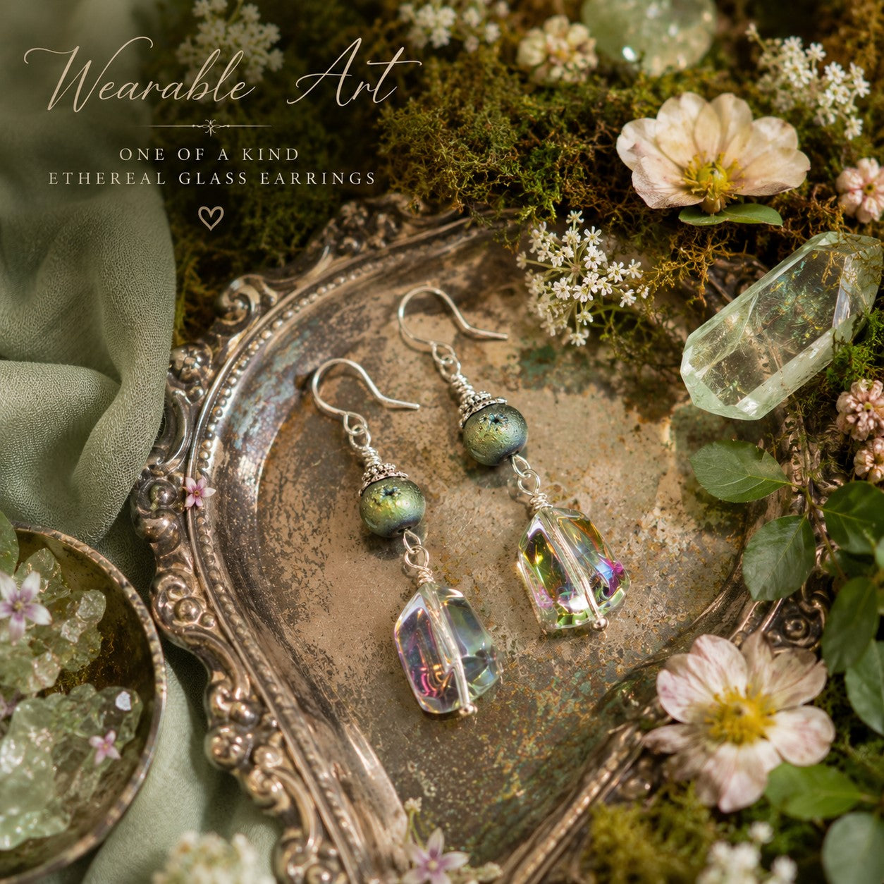 Iridescent Glass Drop Earrings | Handmade Artisan Dangle Earrings | Mermaidcore Jewelry | Ethereal Boho Earrings | Unique Gift for Her