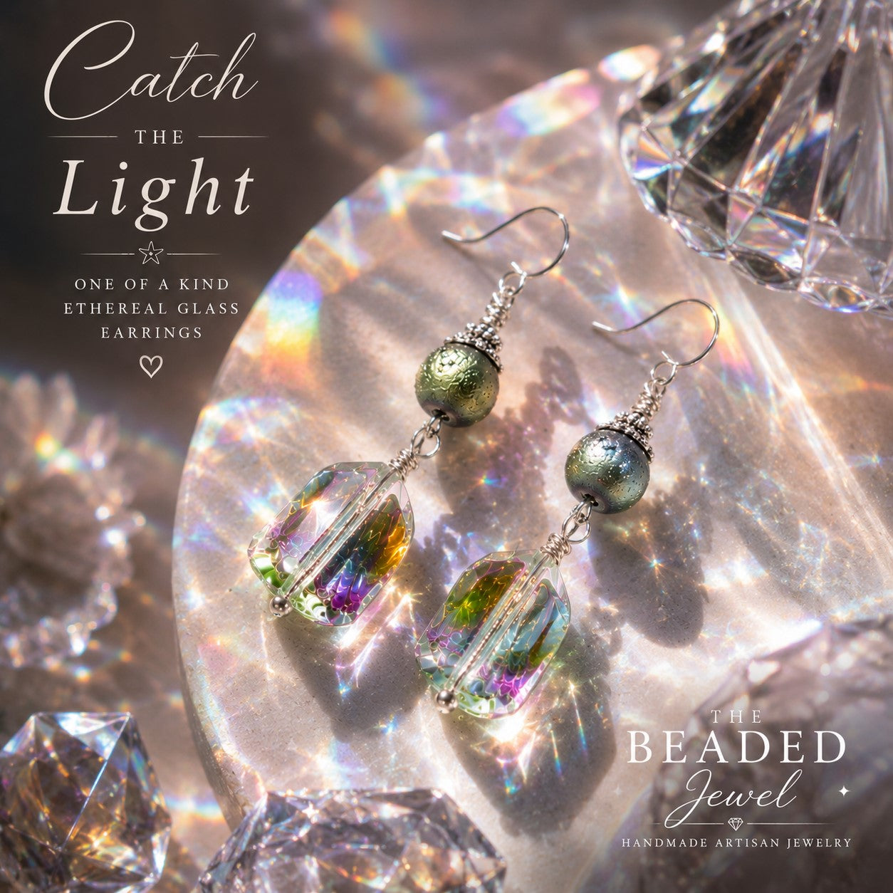 Iridescent Glass Drop Earrings | Handmade Artisan Dangle Earrings | Mermaidcore Jewelry | Ethereal Boho Earrings | Unique Gift for Her