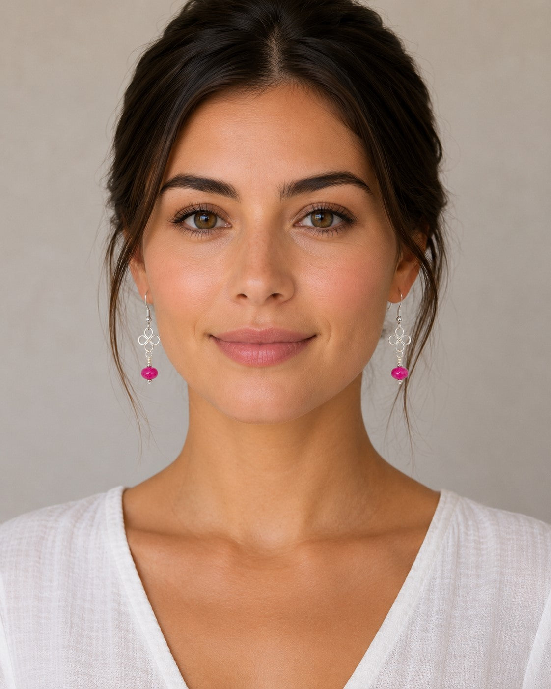 Lucky Clover and Pink Jade Dangle Earrings