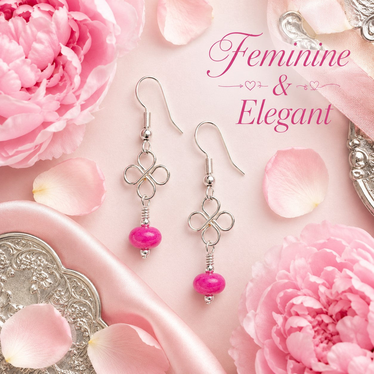 Lucky Clover and Pink Jade Dangle Earrings