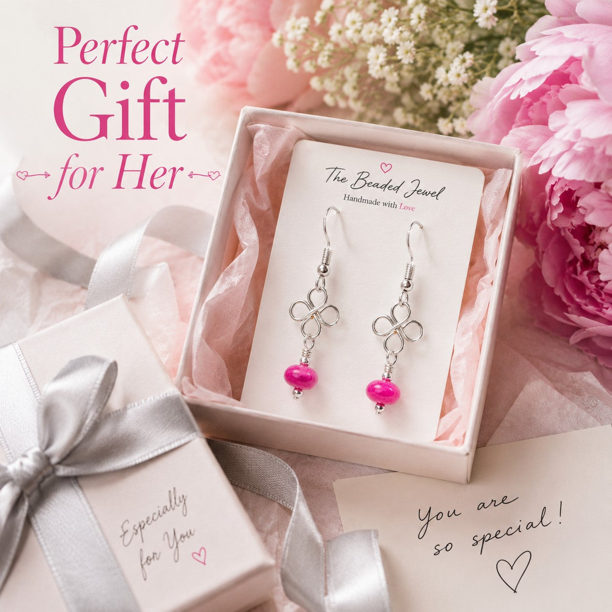 Lucky Clover and Pink Jade Dangle Earrings