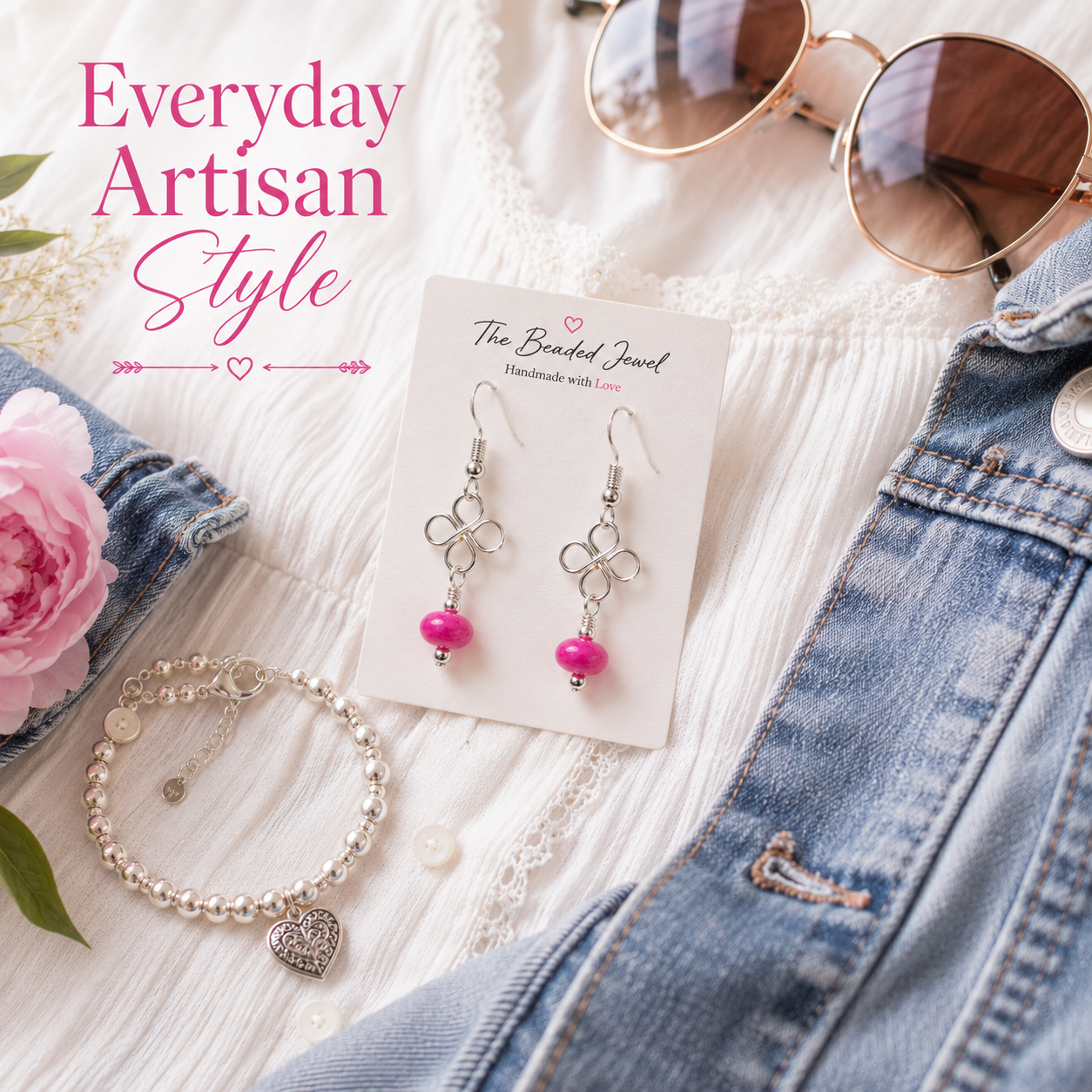 Lucky Clover and Pink Jade Dangle Earrings