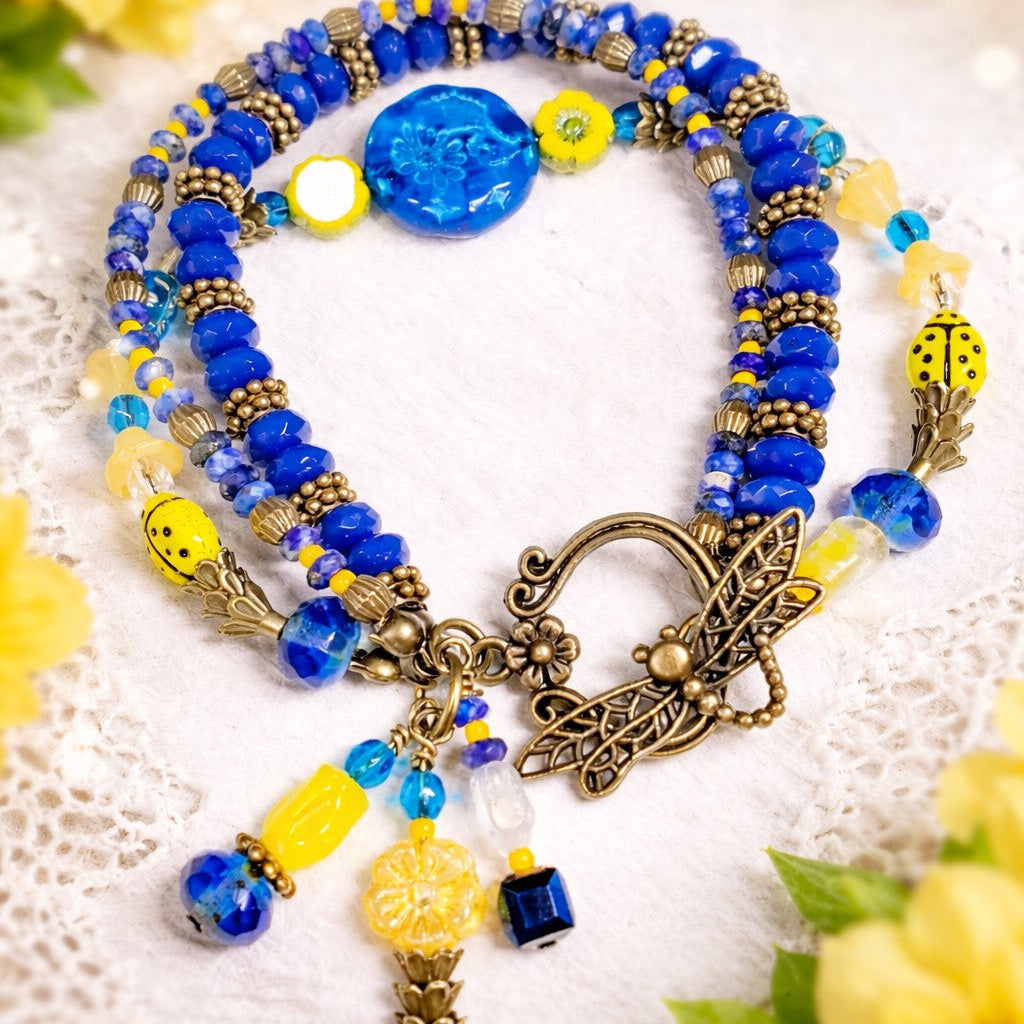 Blue & Yellow Floral Beaded Bracelet – Boho Wrap Bracelet with Butterfly Clasp, Handmade Artisan Jewelry