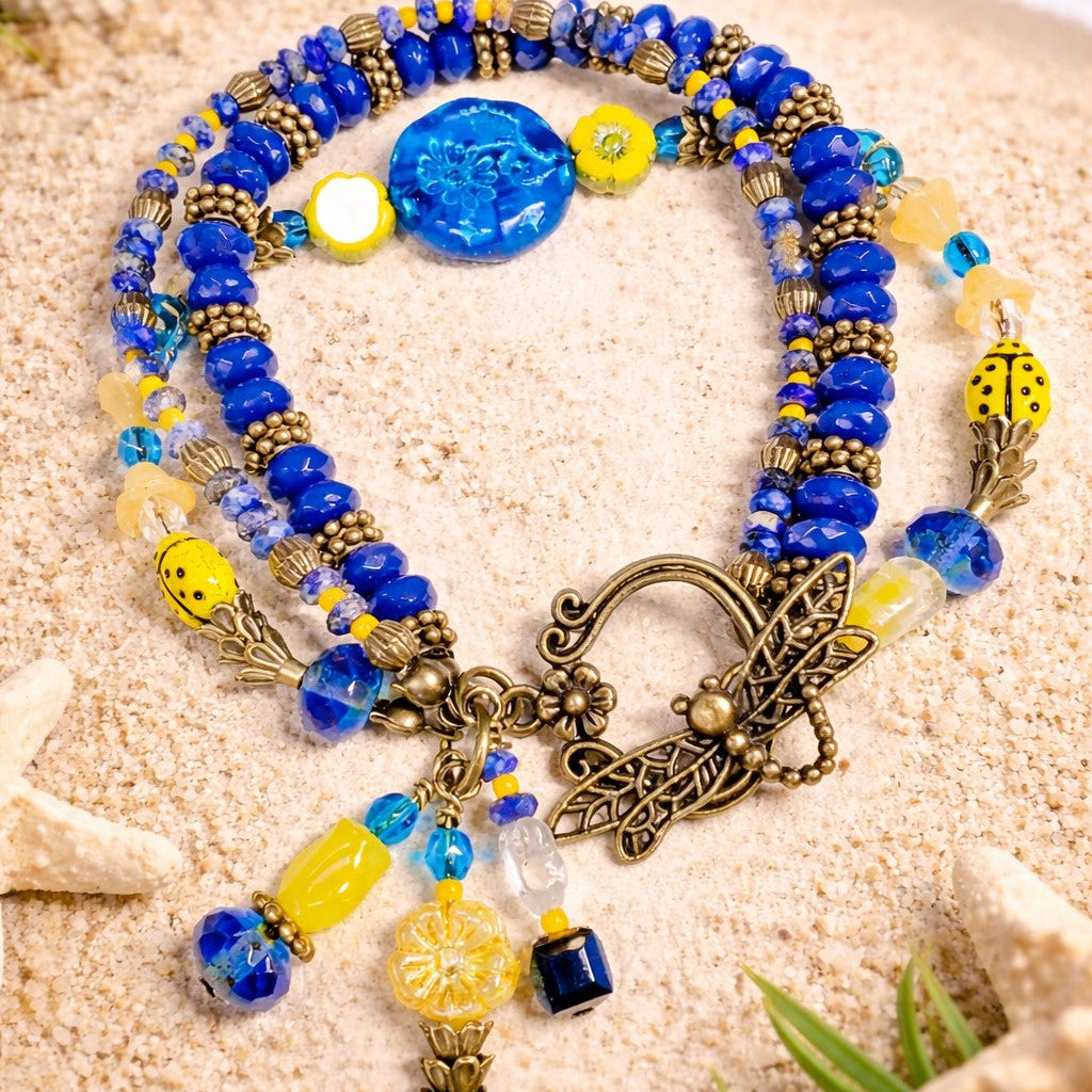 Blue & Yellow Floral Beaded Bracelet – Boho Wrap Bracelet with Butterfly Clasp, Handmade Artisan Jewelry