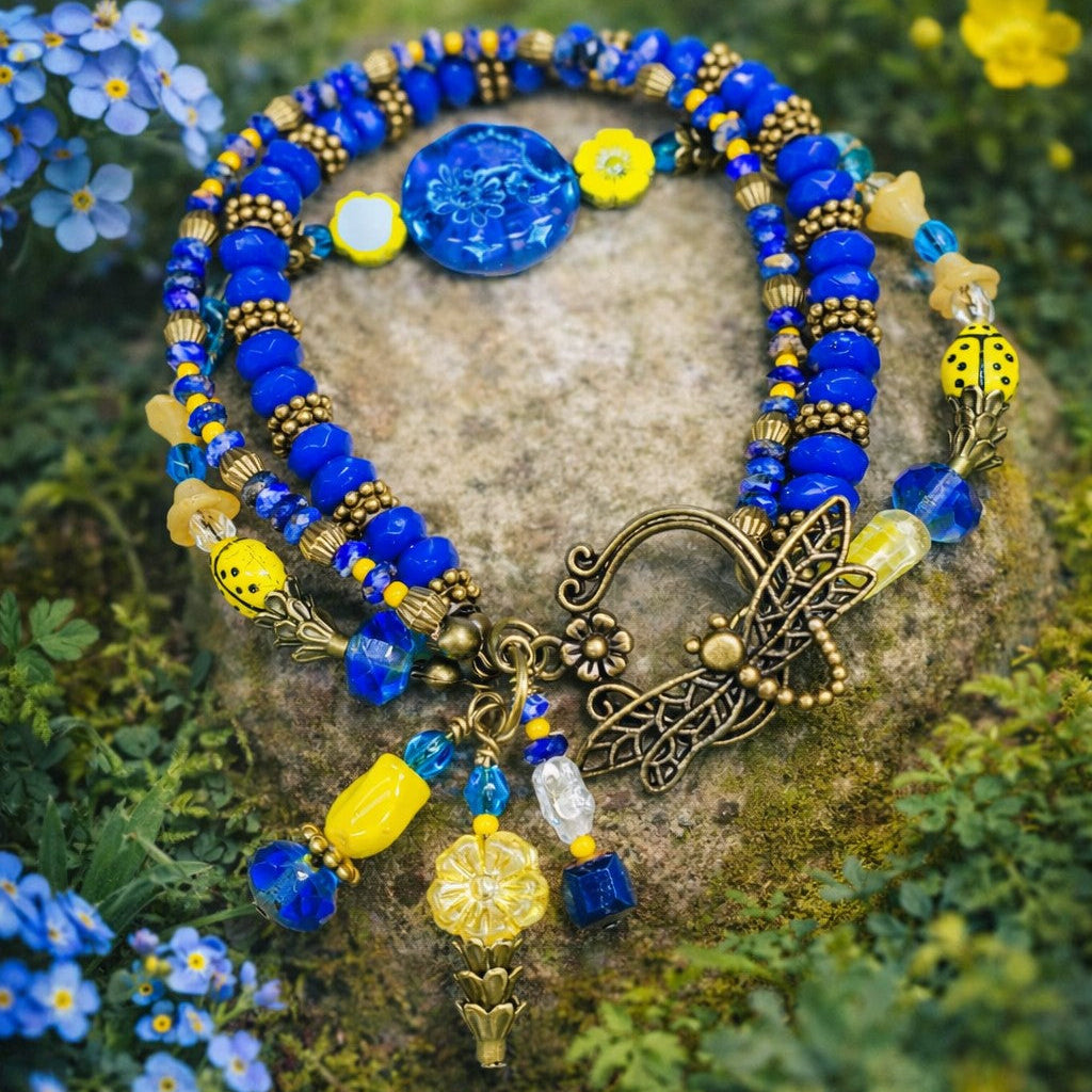 Blue & Yellow Floral Beaded Bracelet – Boho Wrap Bracelet with Butterfly Clasp, Handmade Artisan Jewelry