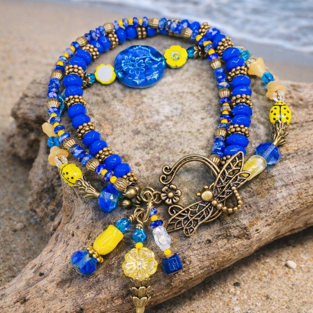 Blue & Yellow Floral Beaded Bracelet – Boho Wrap Bracelet with Butterfly Clasp, Handmade Artisan Jewelry