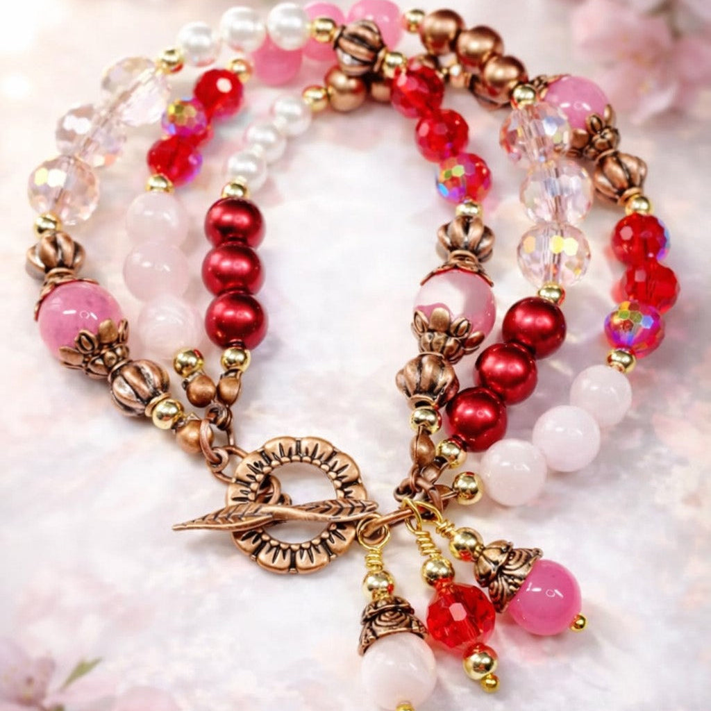 Rose Quartz & Agate Triple Layer Wire-Wrapped Toggle Bracelet