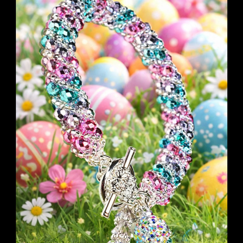 Handmade Colorful Crystal Rope Bracelet – Charm Bracelet – Silver Toggle Clasp Jewelry – Vibrant Multi-Color Beaded Bracelet