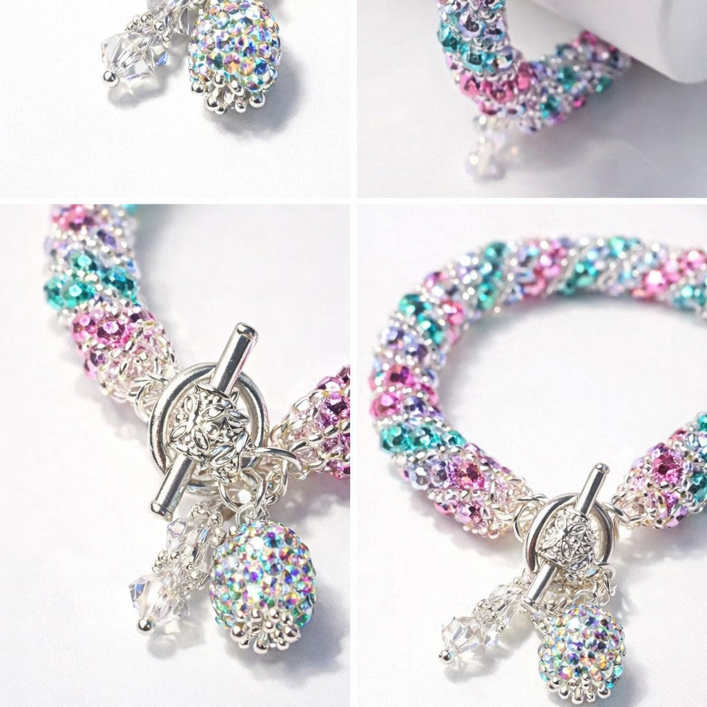 Handmade Colorful Crystal Rope Bracelet – Charm Bracelet – Silver Toggle Clasp Jewelry – Vibrant Multi-Color Beaded Bracelet
