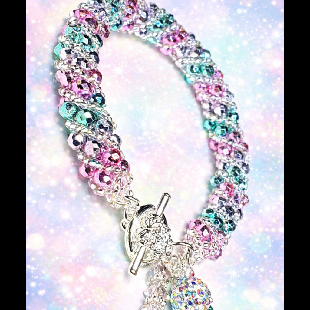 Handmade Colorful Crystal Rope Bracelet – Charm Bracelet – Silver Toggle Clasp Jewelry – Vibrant Multi-Color Beaded Bracelet