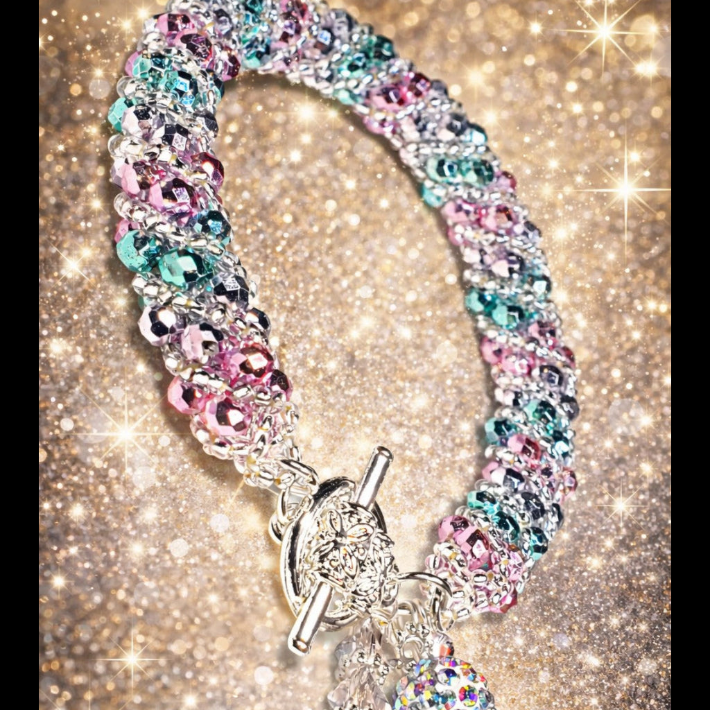 Handmade Colorful Crystal Rope Bracelet – Charm Bracelet – Silver Toggle Clasp Jewelry – Vibrant Multi-Color Beaded Bracelet
