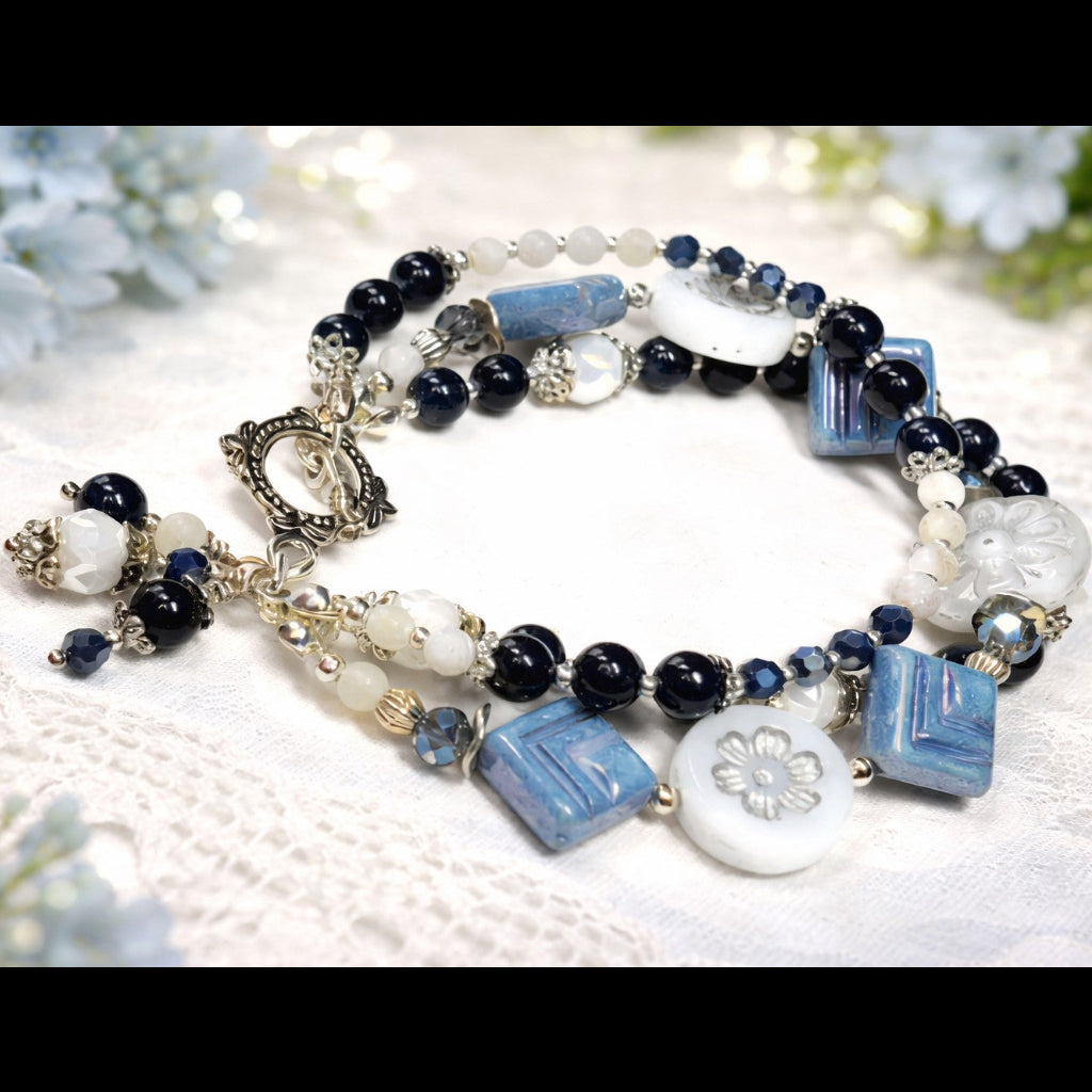 Three Strand Blue Tourmaline & Czech Glass Bracelet – Navy Blue Beaded Charm Bracelet – Floral Silver Toggle – Handmade Layered Bracelet