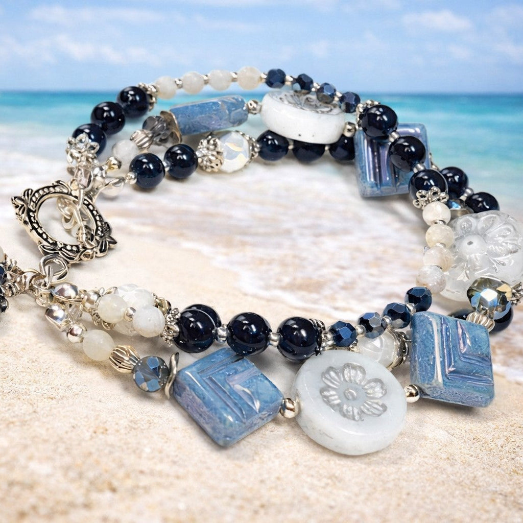 Three Strand Blue Tourmaline & Czech Glass Bracelet – Navy Blue Beaded Charm Bracelet – Floral Silver Toggle – Handmade Layered Bracelet