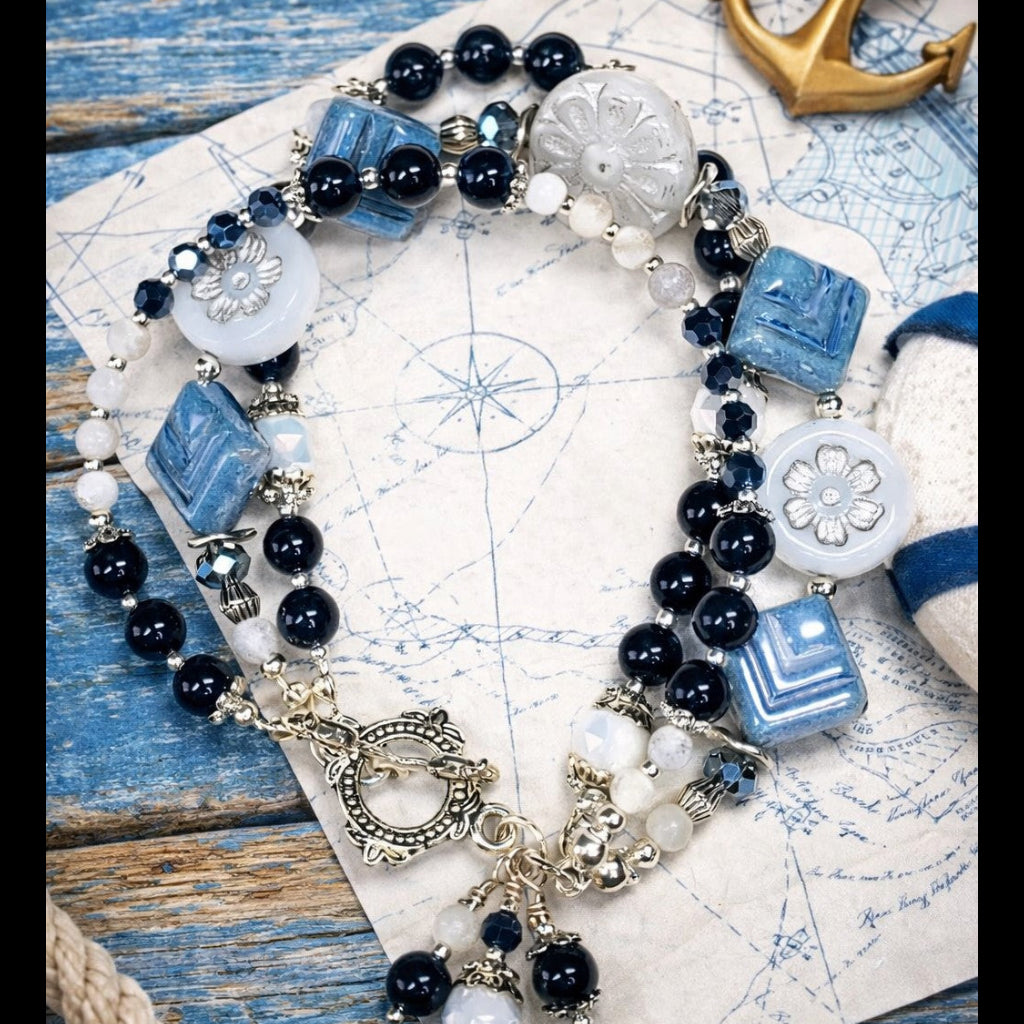 Three Strand Blue Tourmaline & Czech Glass Bracelet – Navy Blue Beaded Charm Bracelet – Floral Silver Toggle – Handmade Layered Bracelet