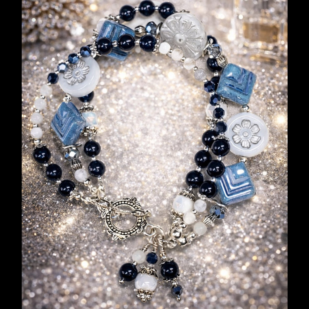 Three Strand Blue Tourmaline & Czech Glass Bracelet – Navy Blue Beaded Charm Bracelet – Floral Silver Toggle – Handmade Layered Bracelet