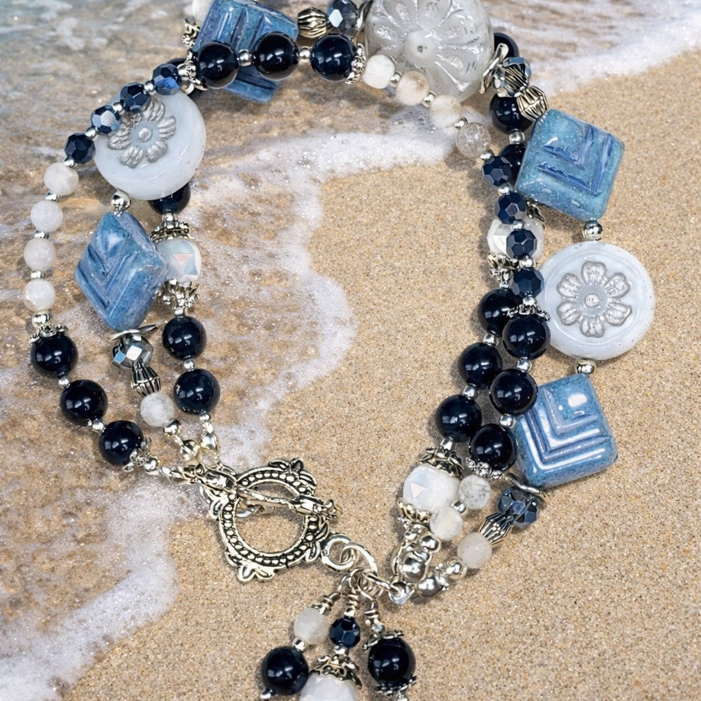 Three Strand Blue Tourmaline & Czech Glass Bracelet – Navy Blue Beaded Charm Bracelet – Floral Silver Toggle – Handmade Layered Bracelet