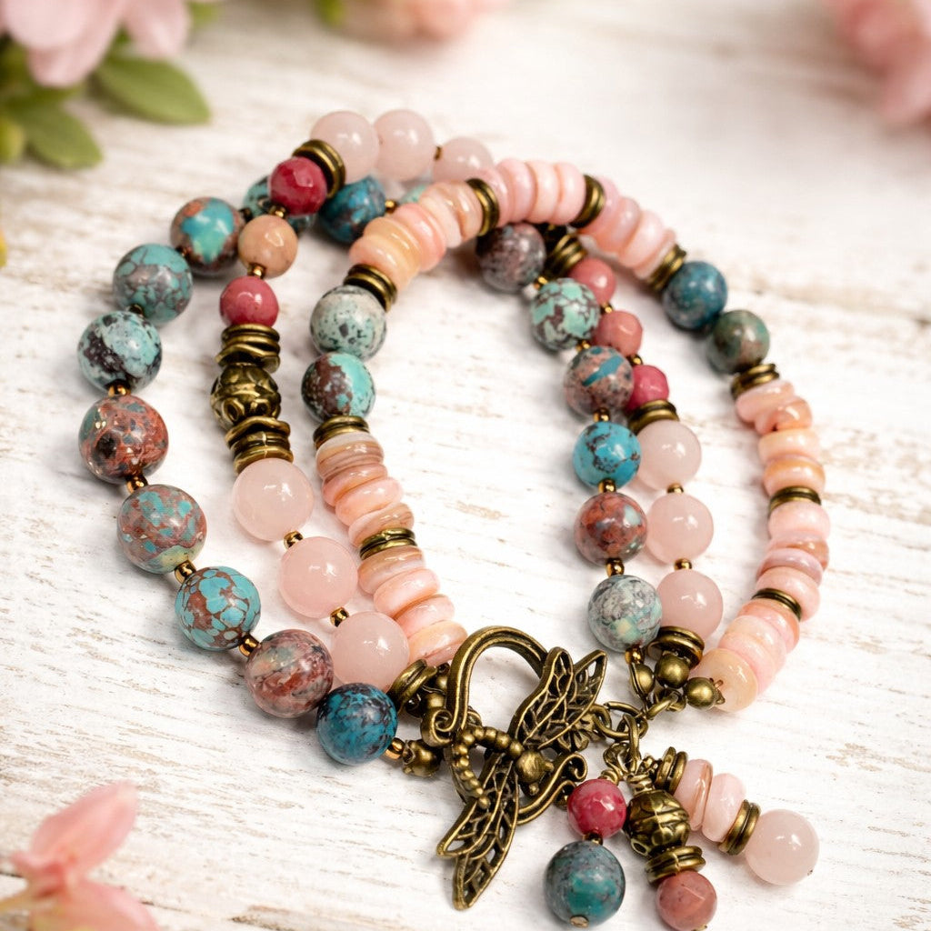 Three Strand Gemstone Bracelet – Rose Quartz, Rhodonite & Nevada Turquoise – Boho Layered Beaded Bracelet