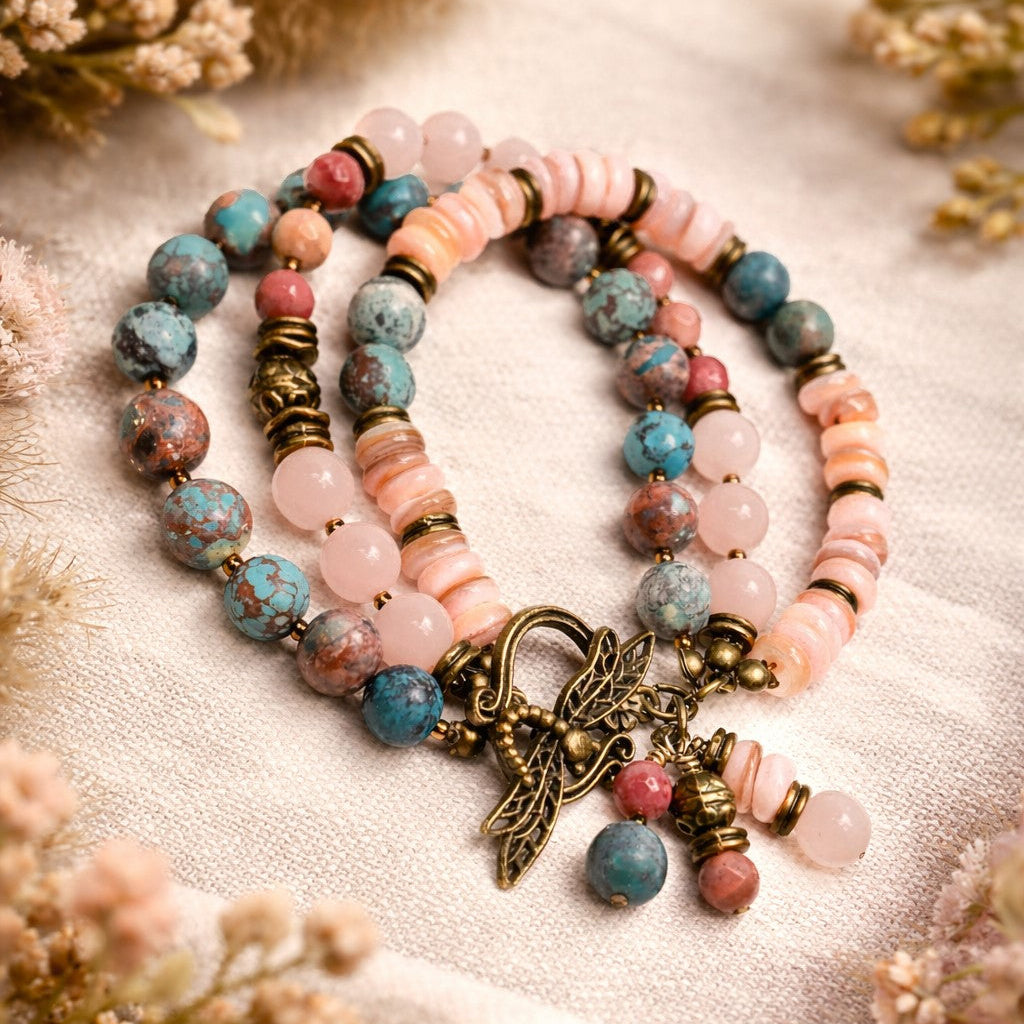 Three Strand Gemstone Bracelet – Rose Quartz, Rhodonite & Nevada Turquoise – Boho Layered Beaded Bracelet