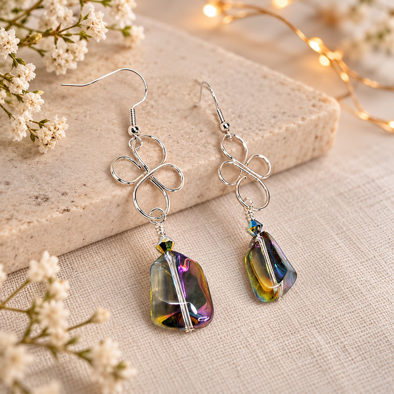 Wire Rainbow Crystal Dangle Earrings • Iridescent Glass Earrings • Handmade Wire Wrapped Earrings • Colorful Statement Jewelry Gift for Her