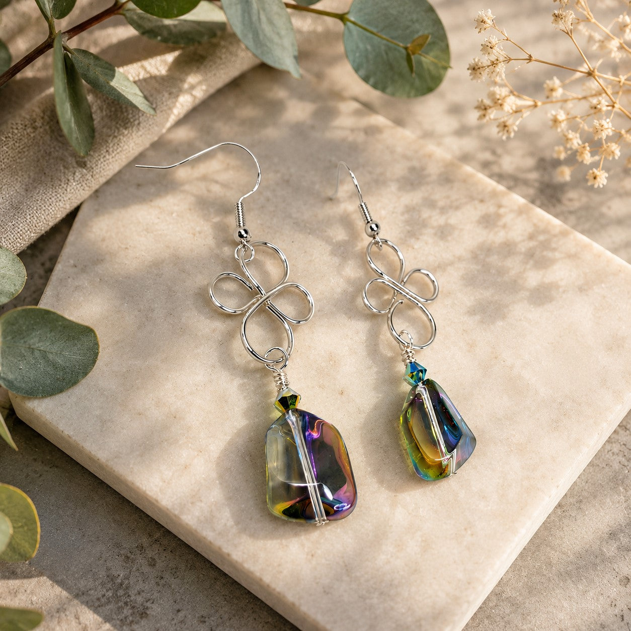 Wire Rainbow Crystal Dangle Earrings • Iridescent Glass Earrings • Handmade Wire Wrapped Earrings • Colorful Statement Jewelry Gift for Her