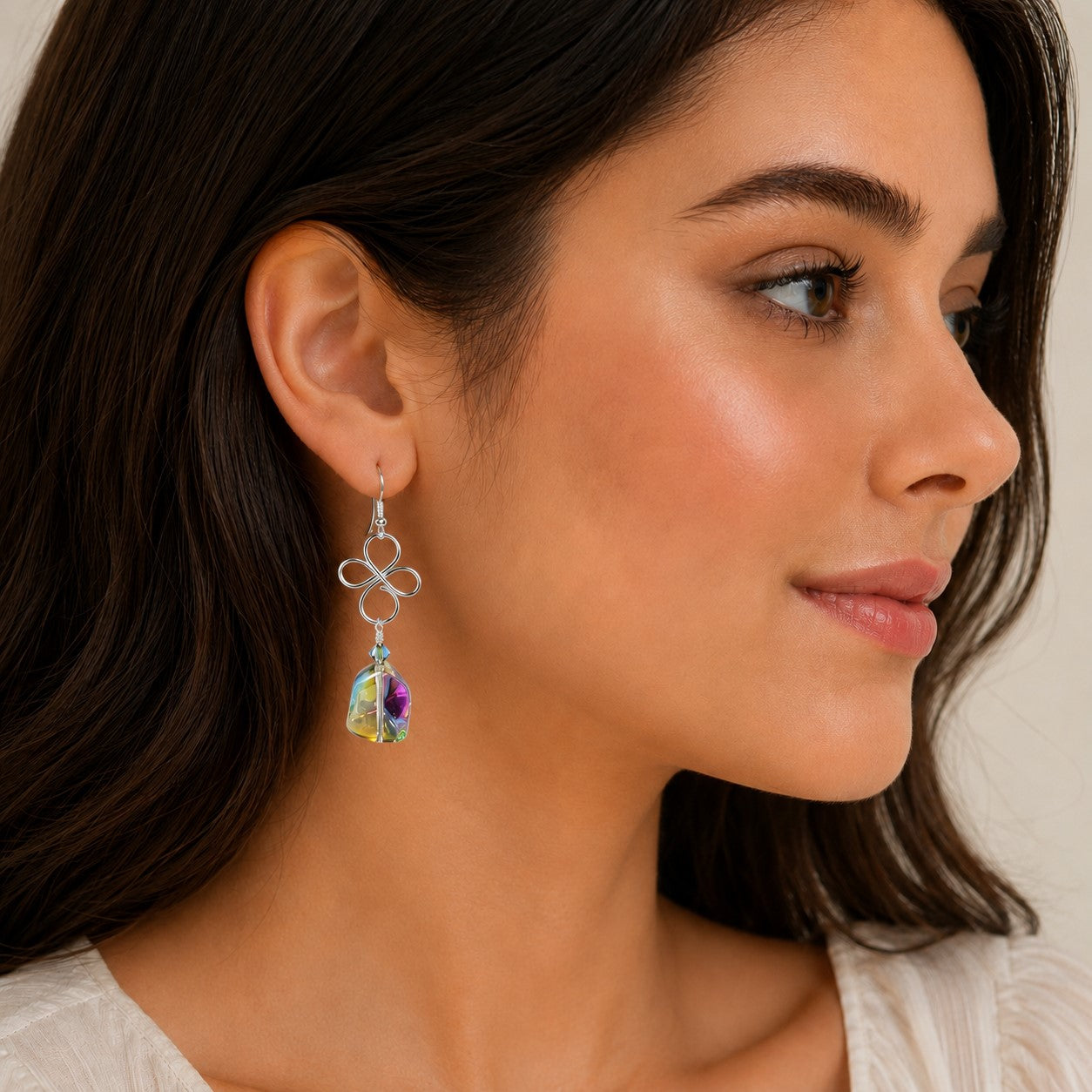 Wire Rainbow Crystal Dangle Earrings • Iridescent Glass Earrings • Handmade Wire Wrapped Earrings • Colorful Statement Jewelry Gift for Her