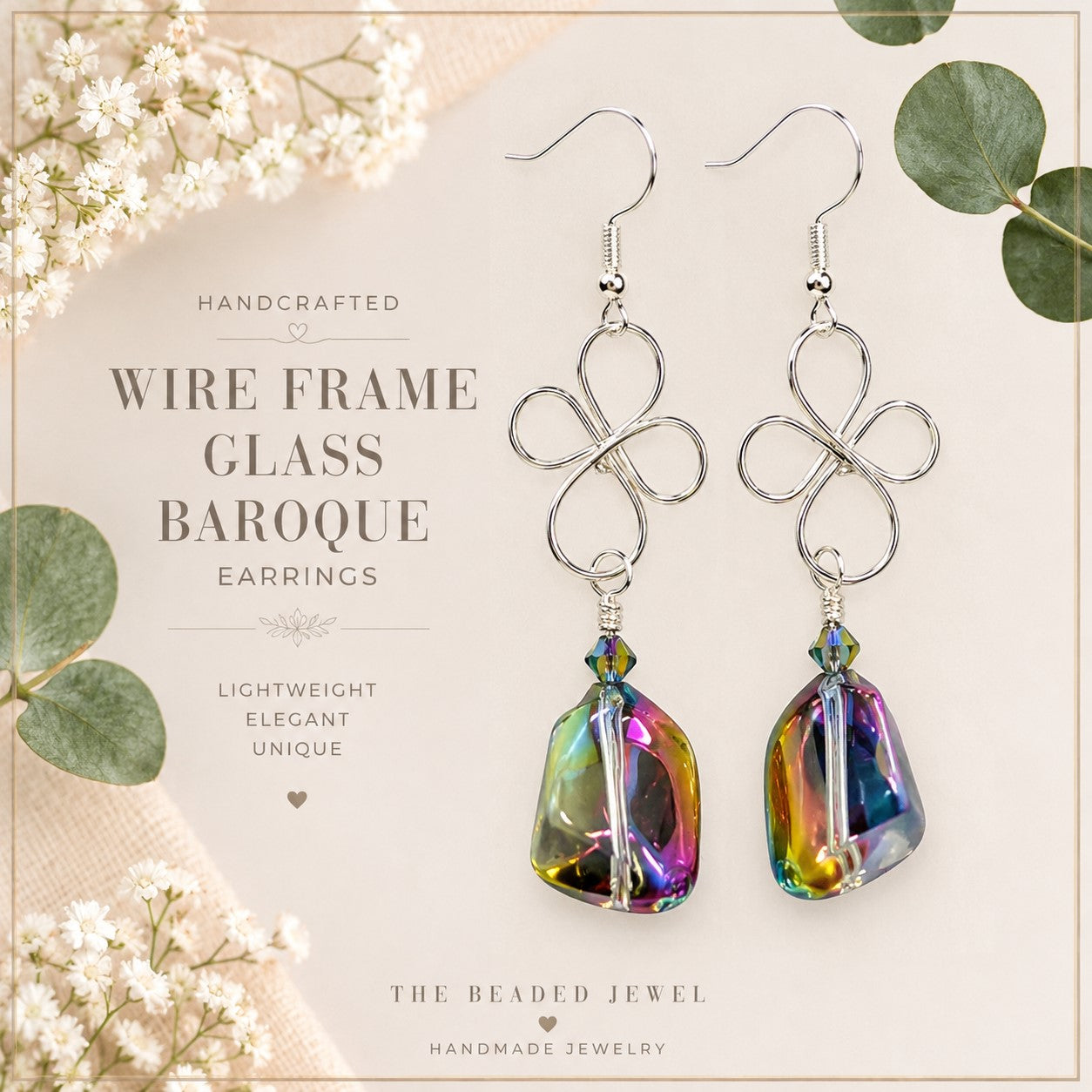 Wire Rainbow Crystal Dangle Earrings • Iridescent Glass Earrings • Handmade Wire Wrapped Earrings • Colorful Statement Jewelry Gift for Her