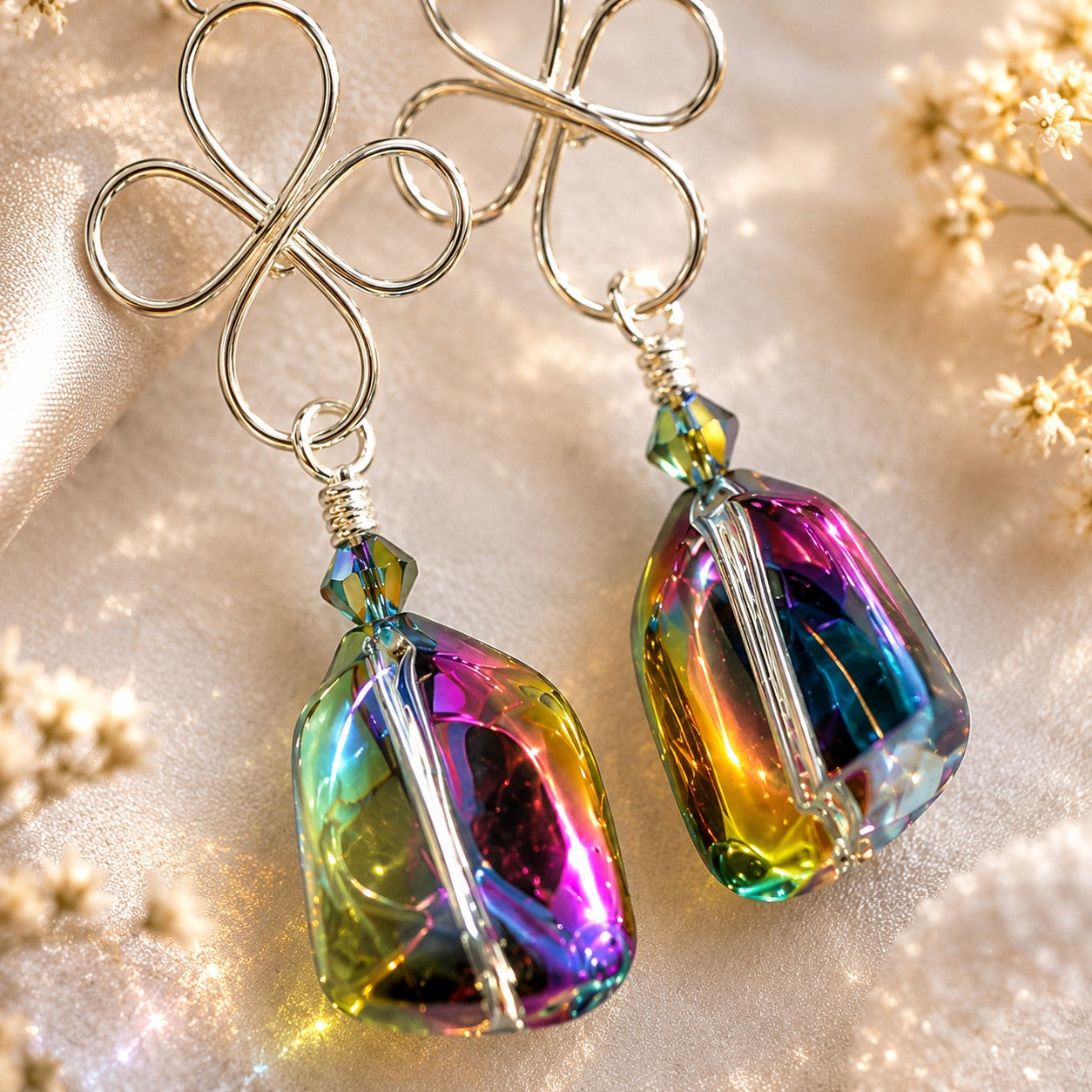 Wire Rainbow Crystal Dangle Earrings • Iridescent Glass Earrings • Handmade Wire Wrapped Earrings • Colorful Statement Jewelry Gift for Her