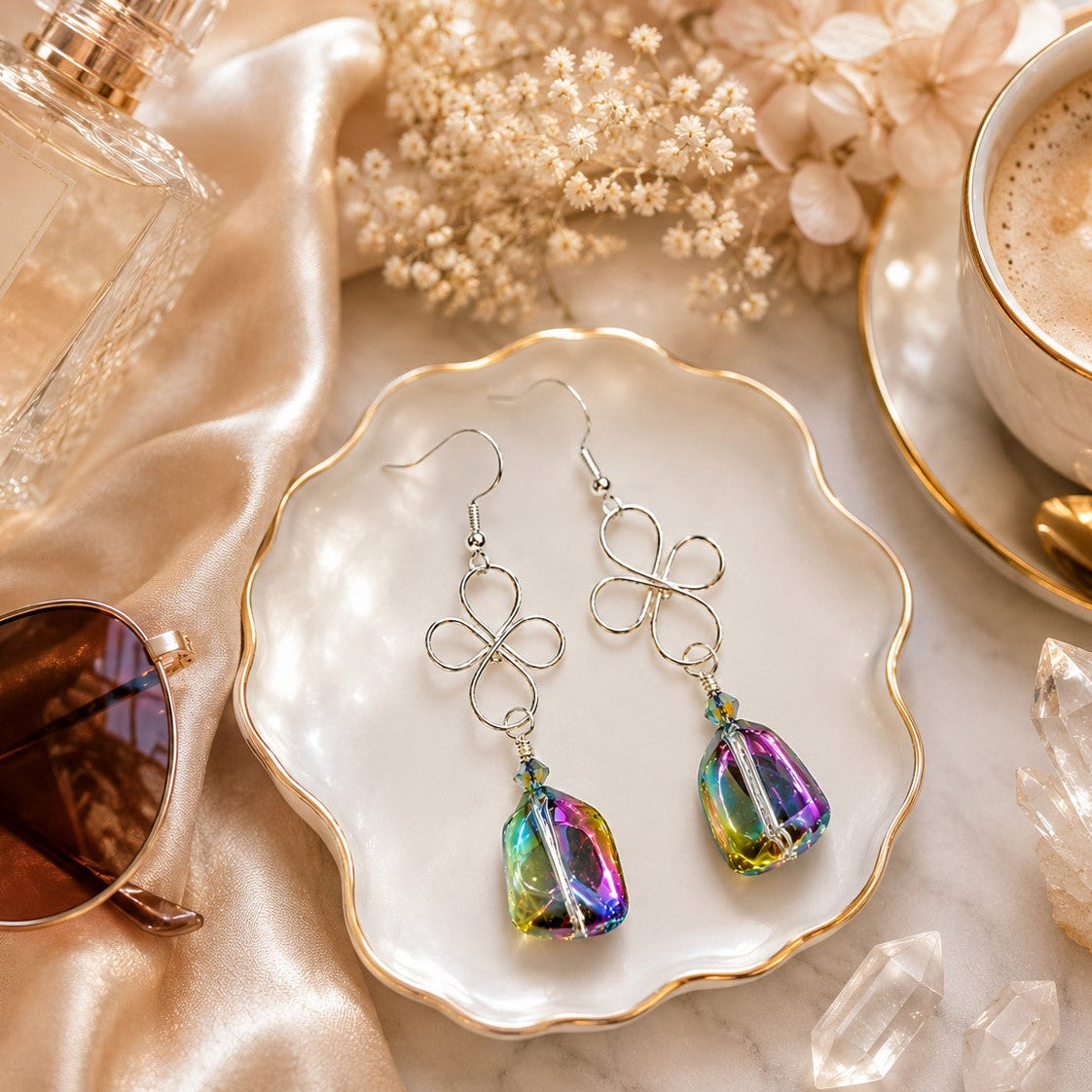 Wire Rainbow Crystal Dangle Earrings • Iridescent Glass Earrings • Handmade Wire Wrapped Earrings • Colorful Statement Jewelry Gift for Her