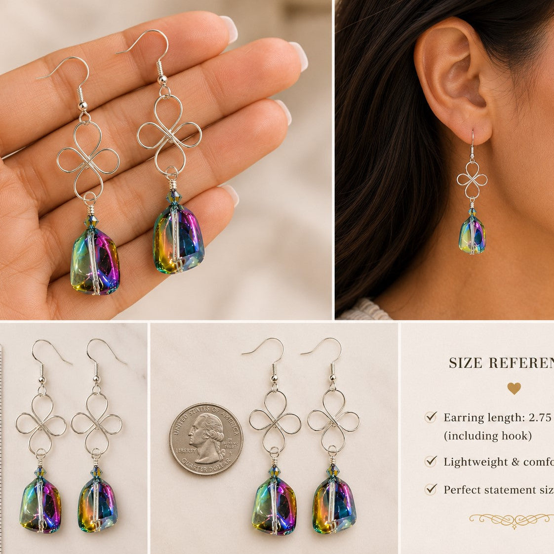 Wire Rainbow Crystal Dangle Earrings • Iridescent Glass Earrings • Handmade Wire Wrapped Earrings • Colorful Statement Jewelry Gift for Her