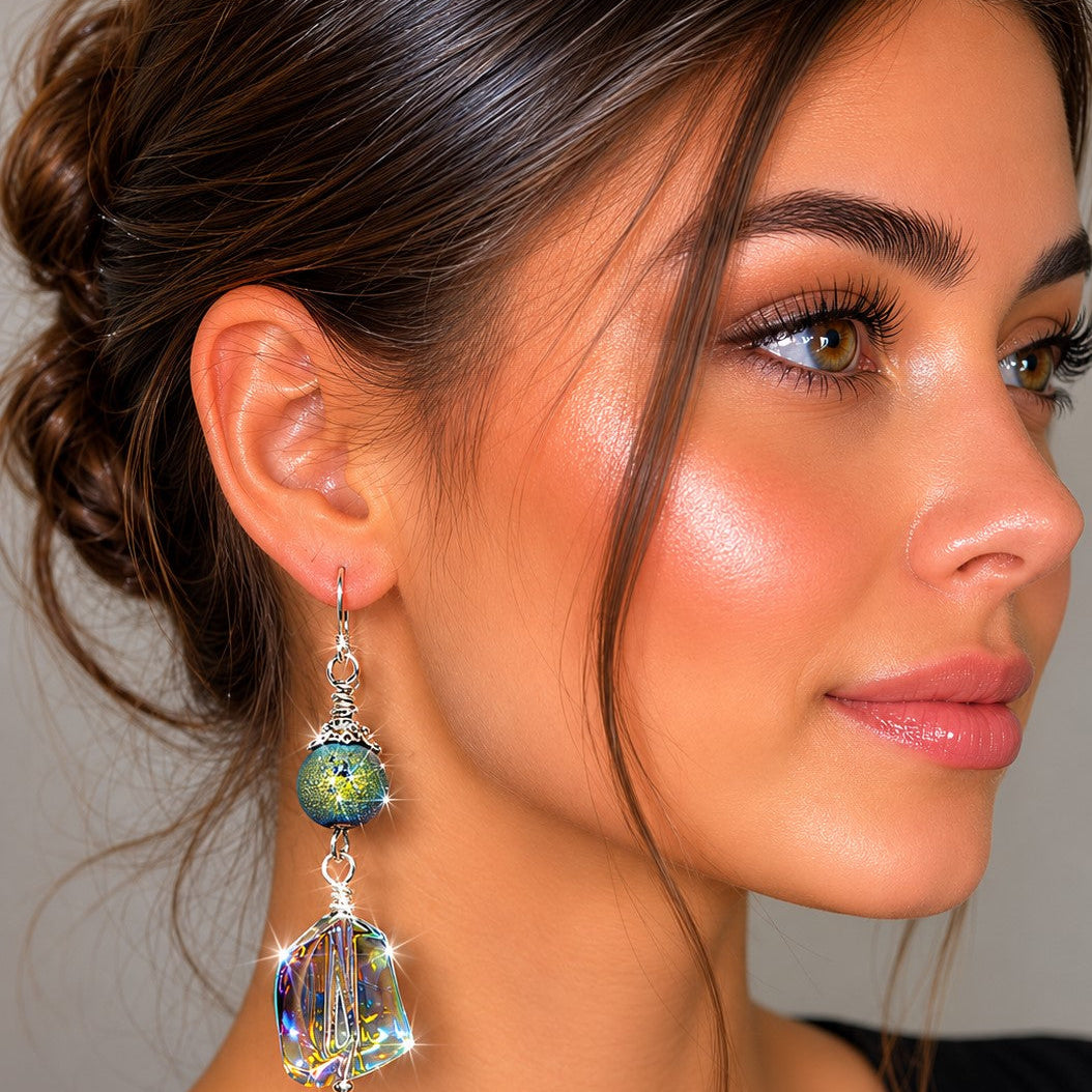 Iridescent Glass Drop Earrings | Handmade Artisan Dangle Earrings | Mermaidcore Jewelry | Ethereal Boho Earrings | Unique Gift for Her